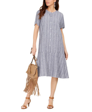 Style & Co Women's Striped Button-Front Linen-Blend A-Line Dress Med Blue Size X-Large