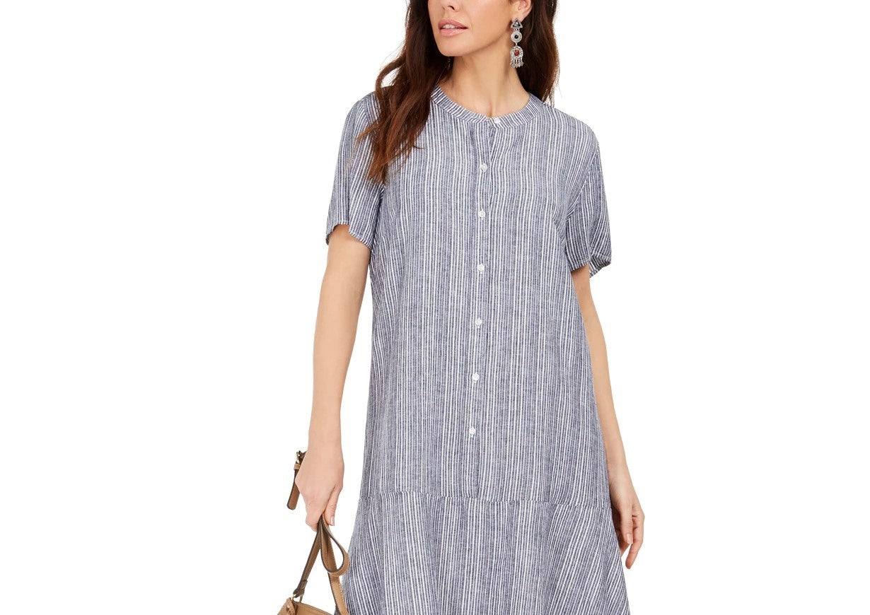 Style & Co Women's Striped Button-Front Linen-Blend A-Line Dress Med Blue Size X-Large