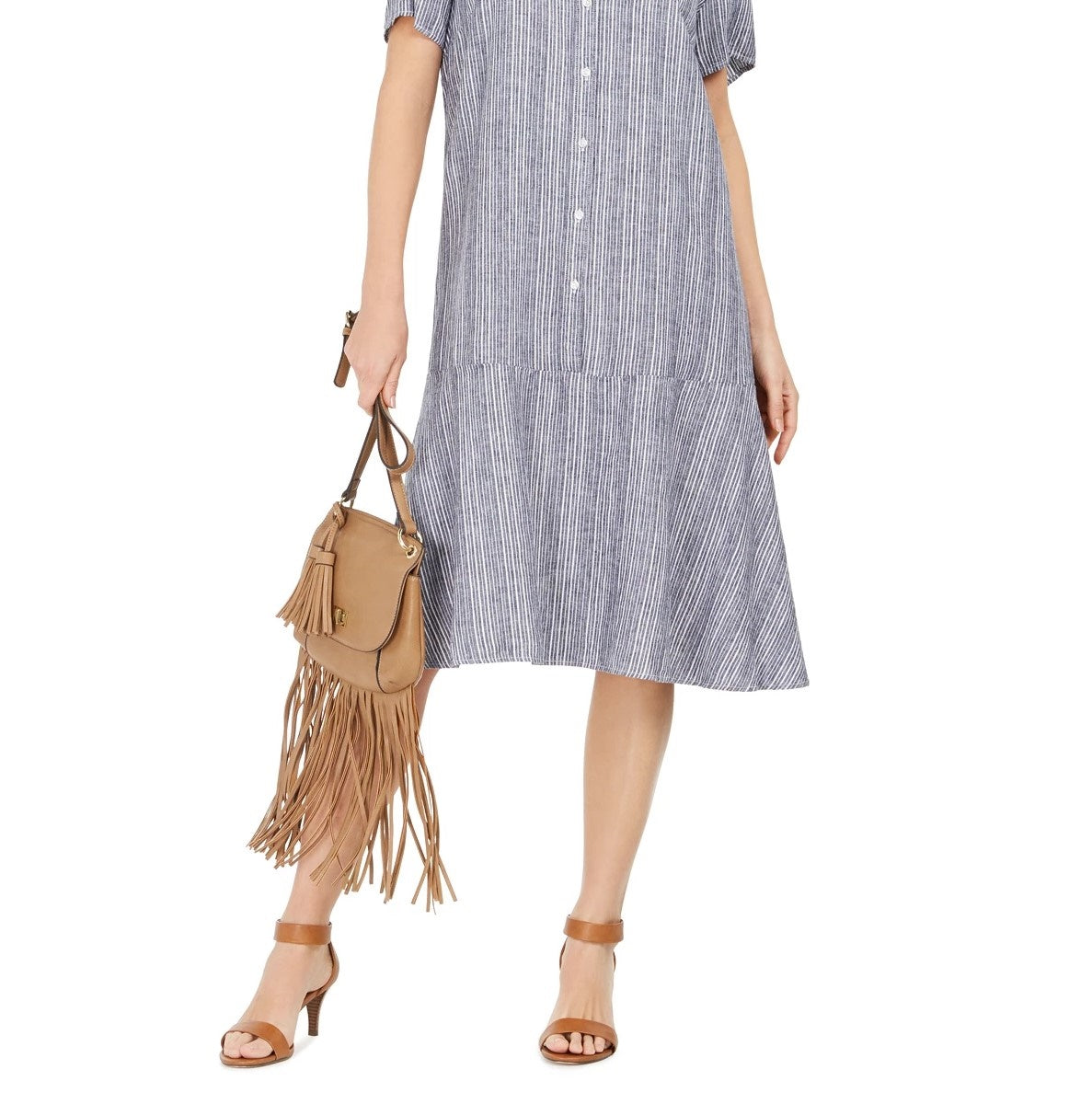 Style & Co Women's Striped Button-Front Linen-Blend A-Line Dress Med Blue Size X-Large