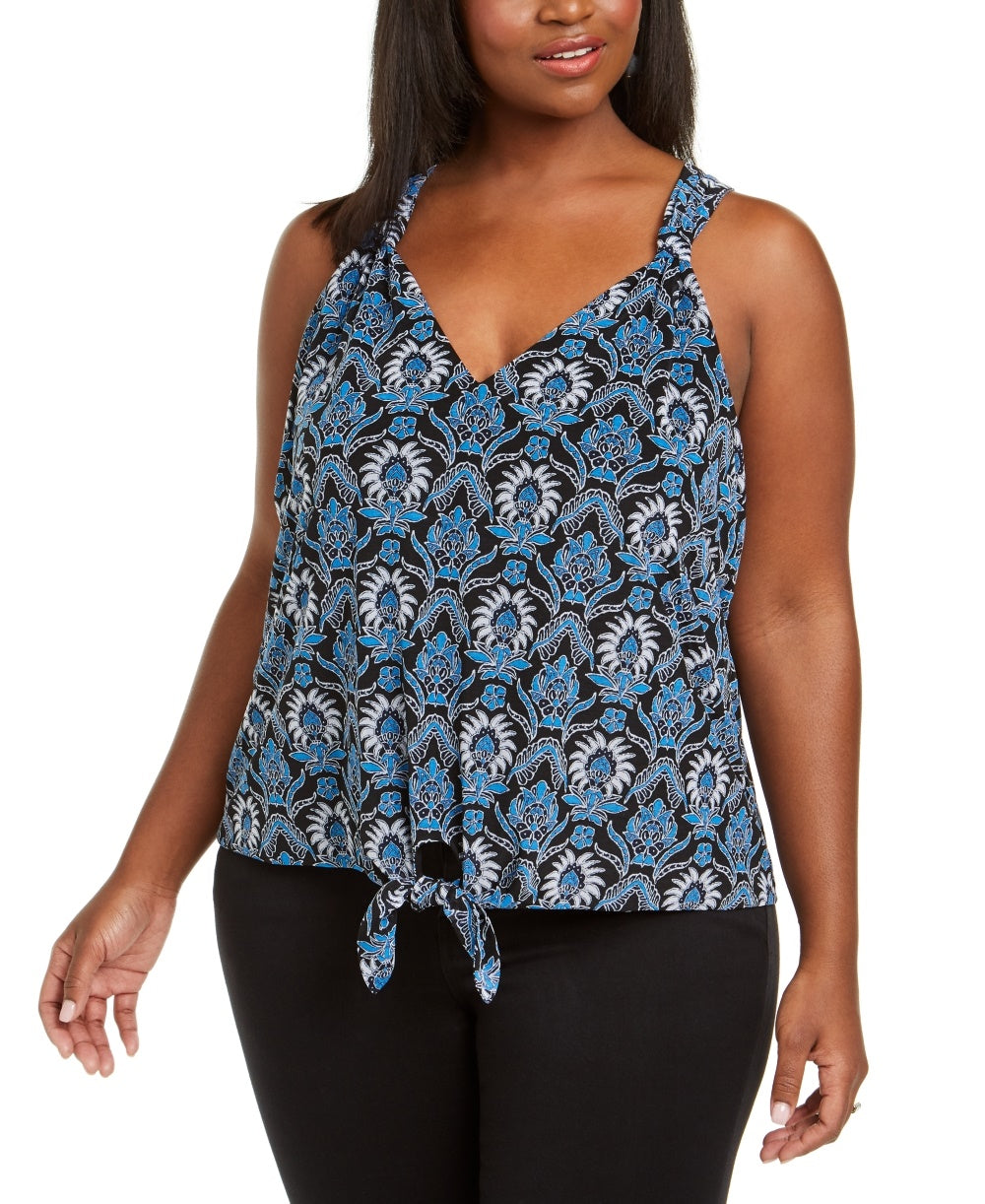 INC International Concepts Women's Plus Size Printed Tie-Front Top Black size 0X