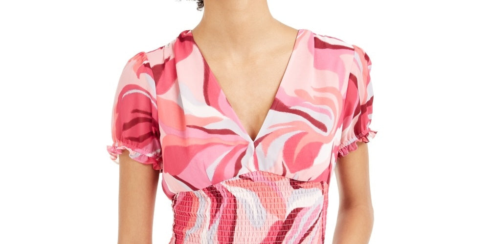 Bar III Women's Printed Smocked Top Red Size Medium