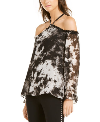INC International Concepts Women's Tie Dyed Cold Shoulder Top Black Size X-Small