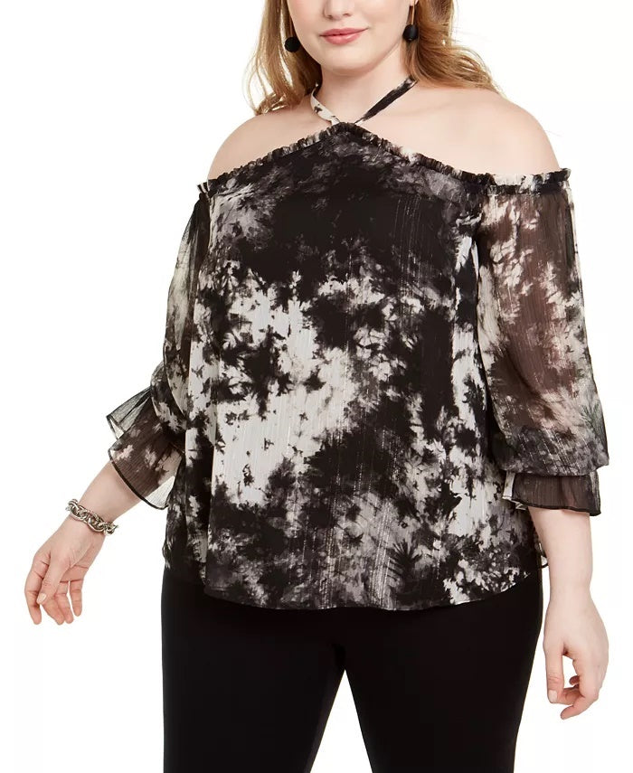 INC International Concepts Women's Plus Size Tie-Dyed Cold-Shoulder Top Black Size 3X
