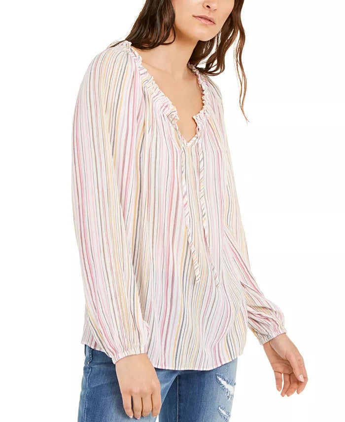 INC International Concepts Women's Striped Peasant Top Pink Size X-Small