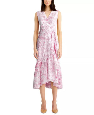 Charter Club Women's Printed Eyelet Ruffled Faux-Wrap Dress Dark Pink Size 16