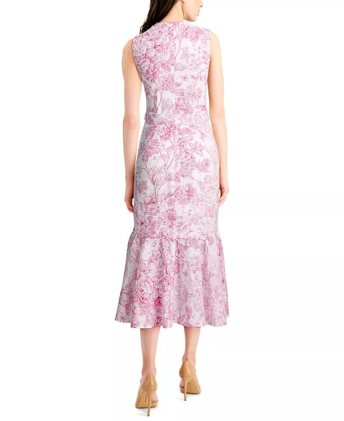 Charter Club Women's Printed Eyelet Ruffled Faux-Wrap Dress Dark Pink Size 16