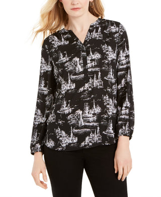 Charter Club Women's Printed Split-Neck Top Black Size X-Small
