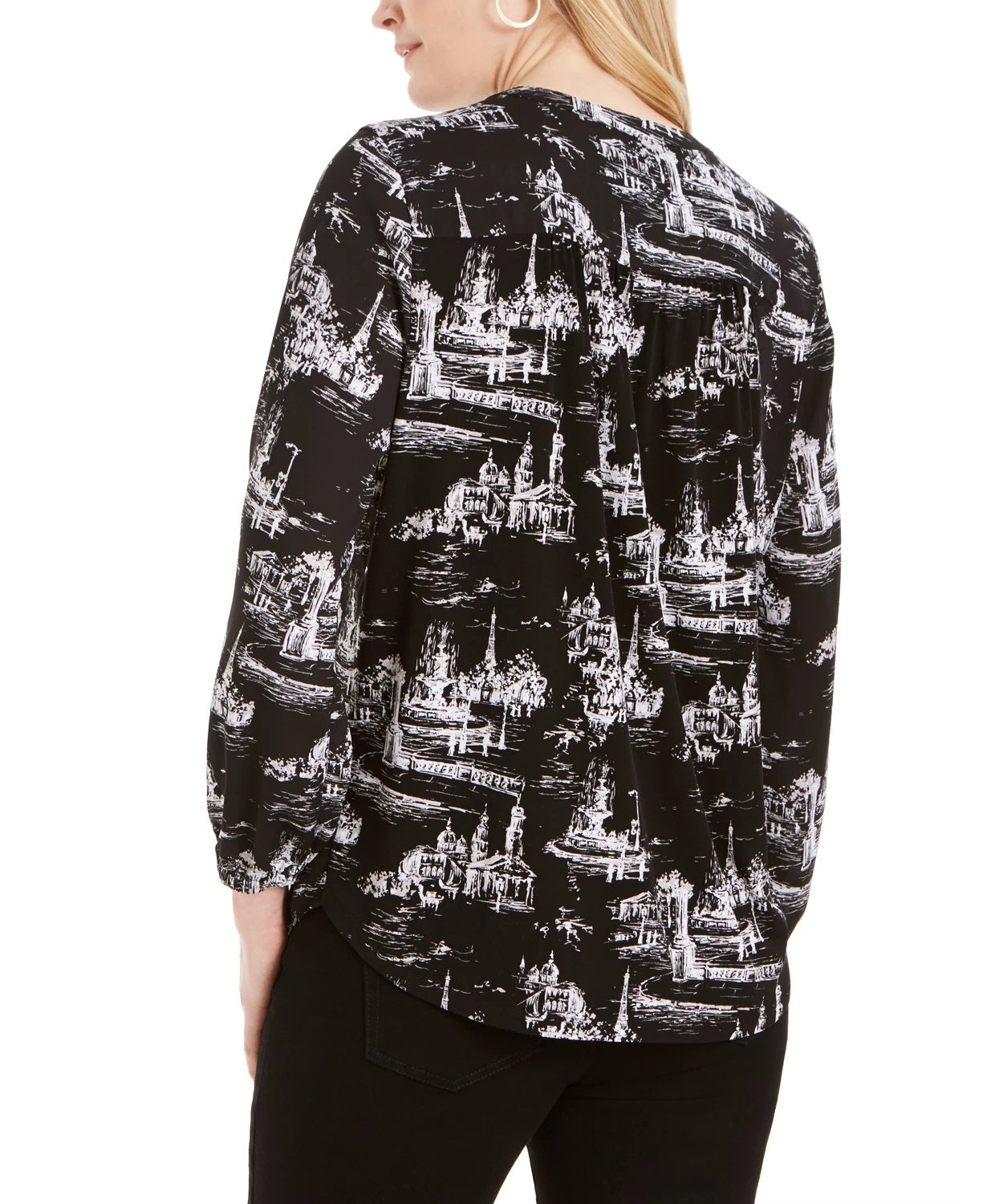 Charter Club Women's Printed Split-Neck Top Black Size X-Small