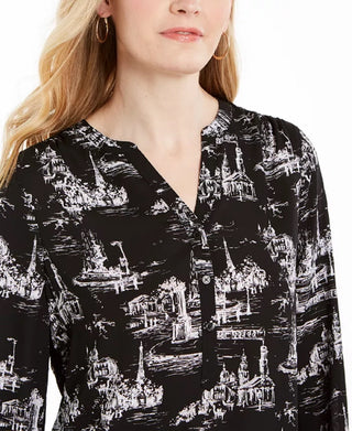 Charter Club Women's Printed Split-Neck Top Black Size X-Small