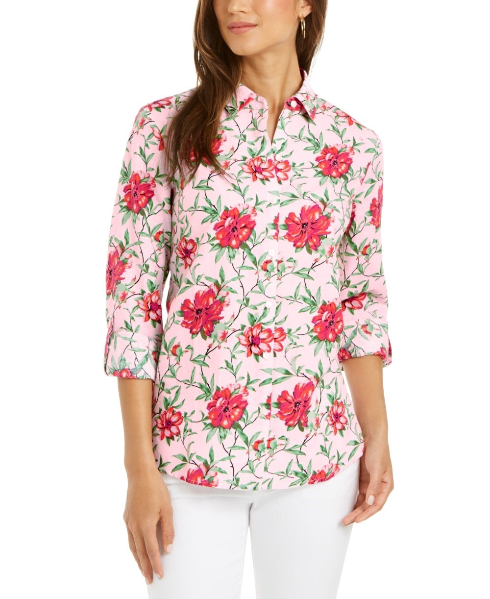 Charter Club Women's Floral Print Button Up Shirt Pink Size Medium