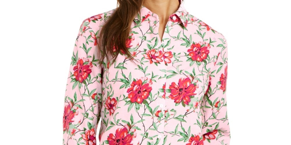 Charter Club Women's Floral Print Button Up Shirt Pink Size Medium