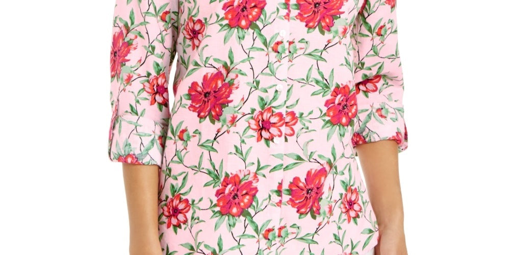 Charter Club Women's Floral Print Button Up Shirt Pink Size Medium