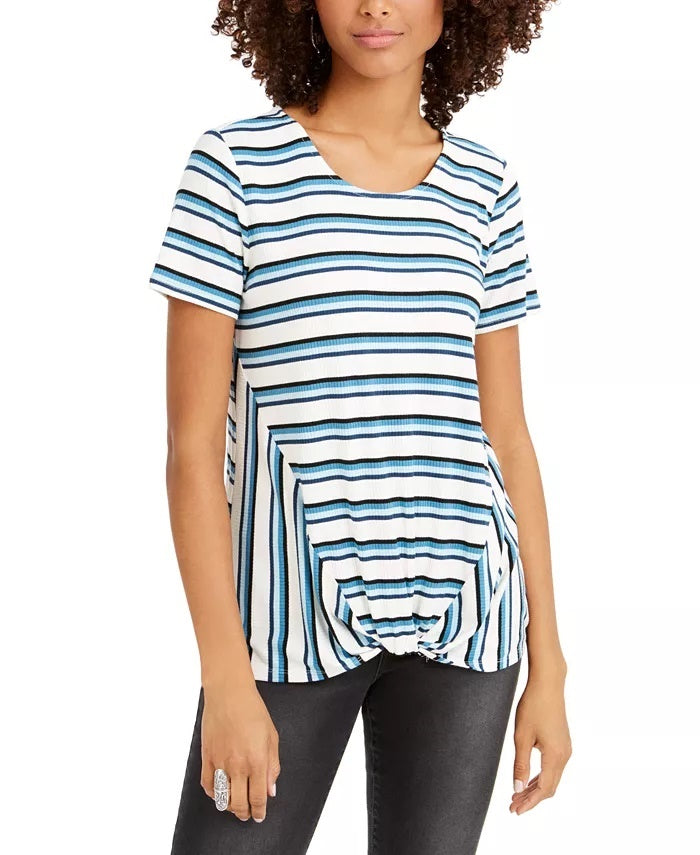 Style & Co Women's Striped Twist-Front Top  Dark Blue Size Small
