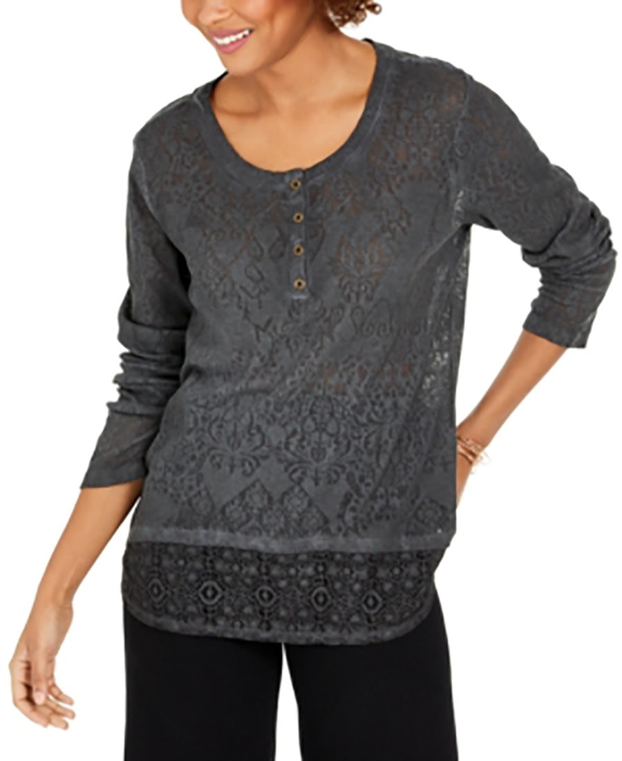 Style & Co Women's Lace Henley Top Black Size Medium
