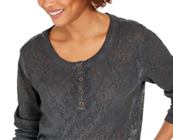 Style & Co Women's Lace Henley Top Black Size Medium