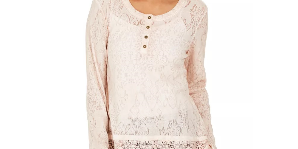 Style & Co Women's Lace Henley Top Pink Size Medium