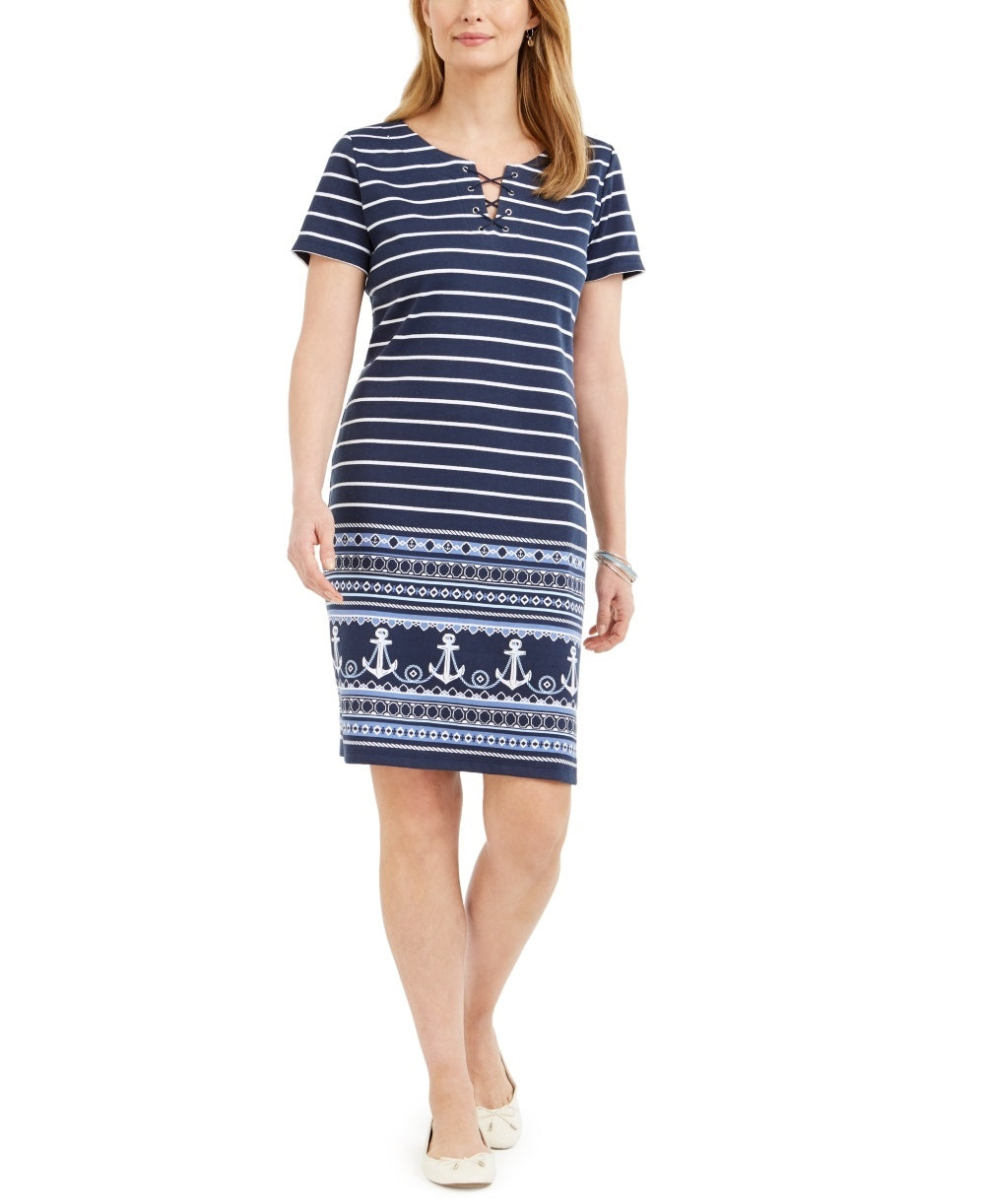 Karen Scott Women's Lace Up Split Neck Dress Navy Size Large