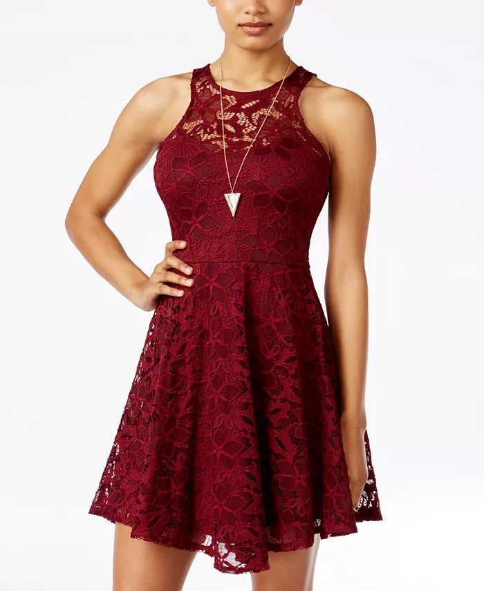 Material Girl Junior's Lace Skater Dress Red Size Small
