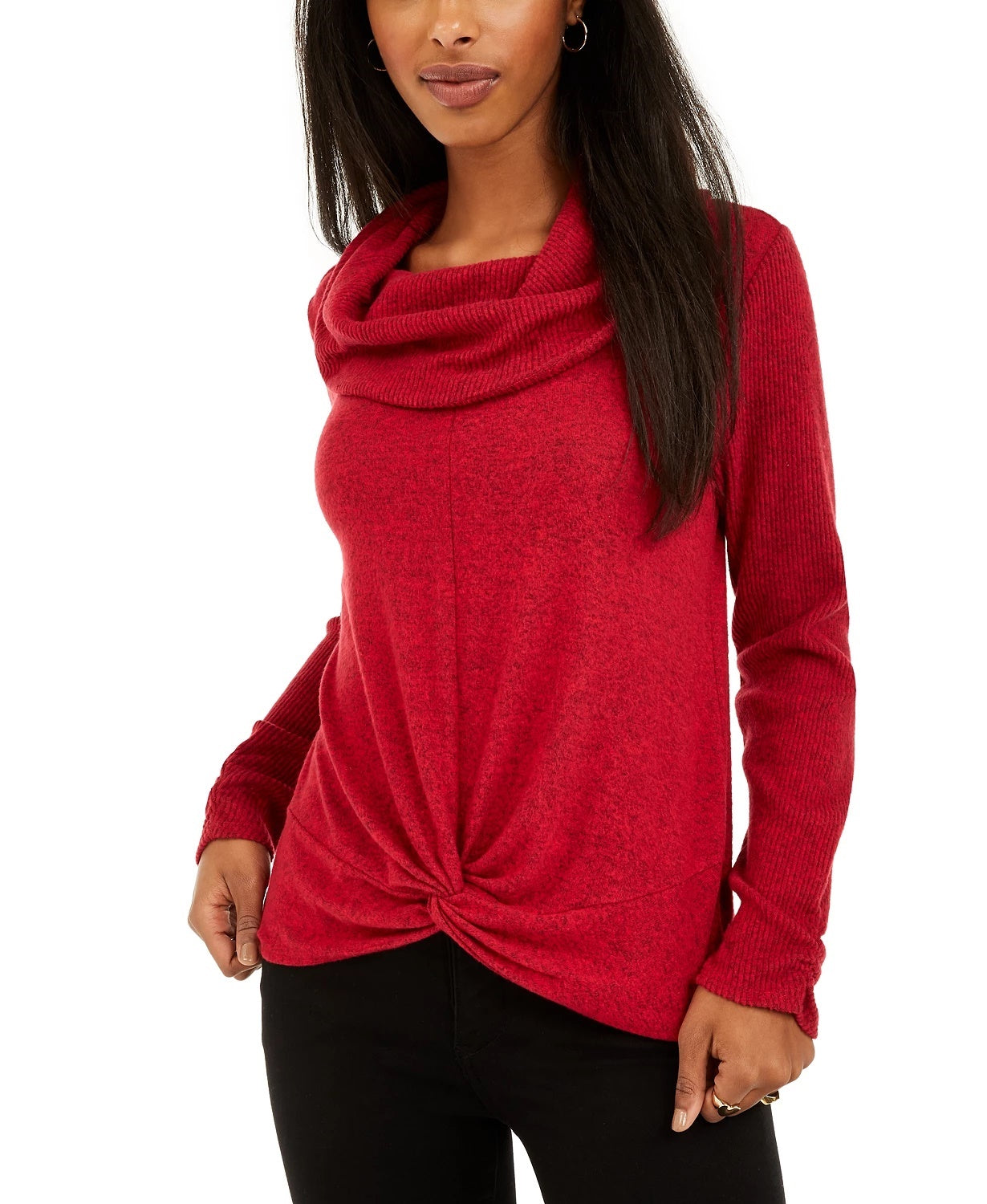 BCX Junior's Textured Cowlneck Twist Front Sweater Red Size X-Large