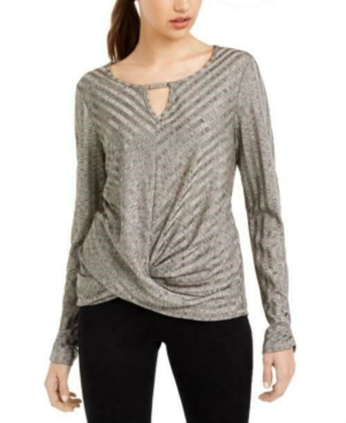 BCX Junior's Rhinestone Neckline Striped Top Beige Size Medium