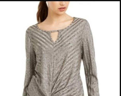 BCX Junior's Rhinestone Neckline Striped Top Beige Size Medium