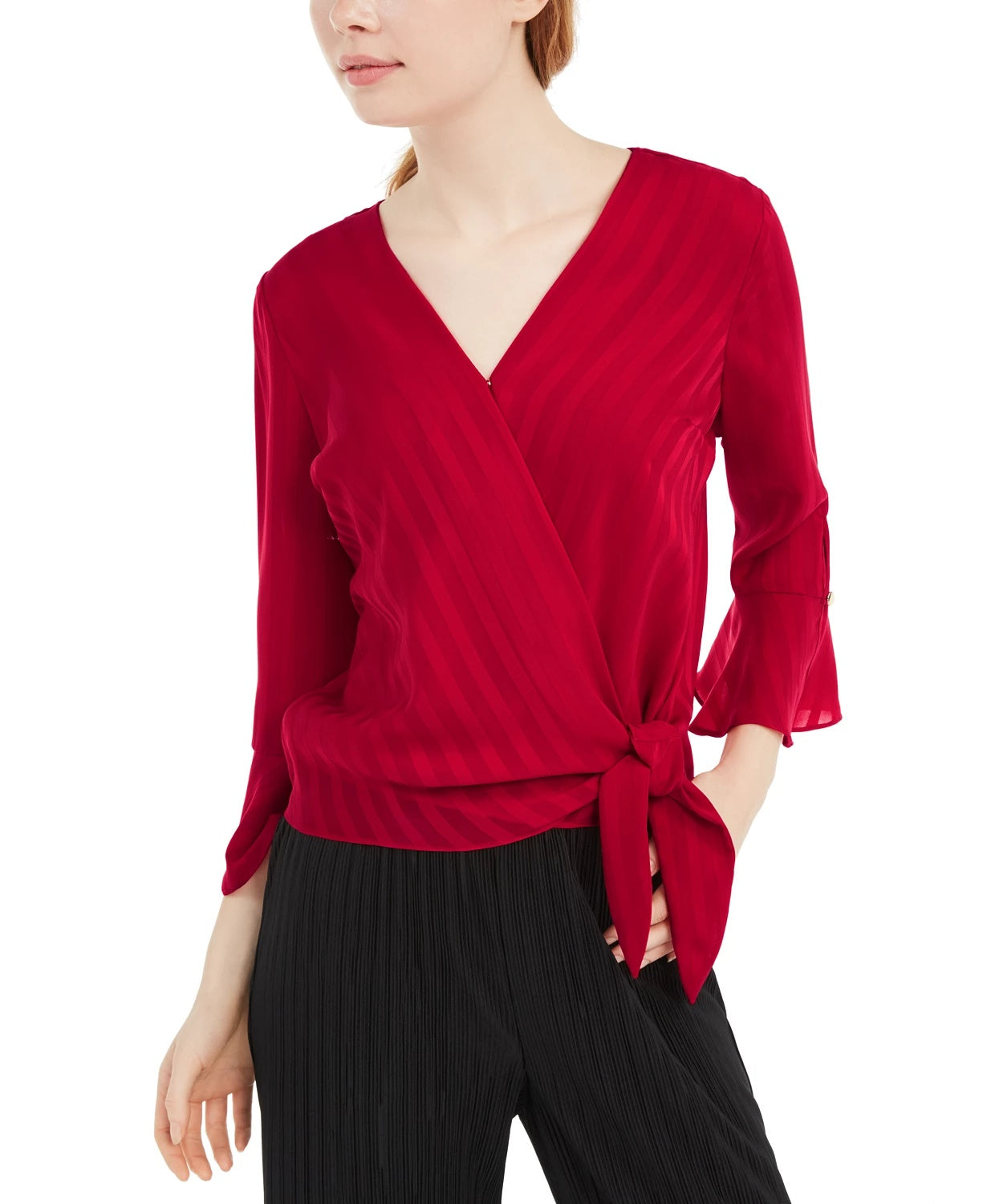 BCX Juniors' Bell-Sleeve Wrap Top Red Size Large