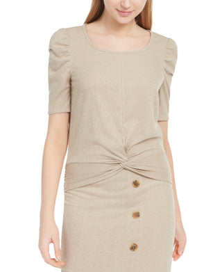 BCX Junior's Puff Sleeve Twist Front Top Beige Size Large
