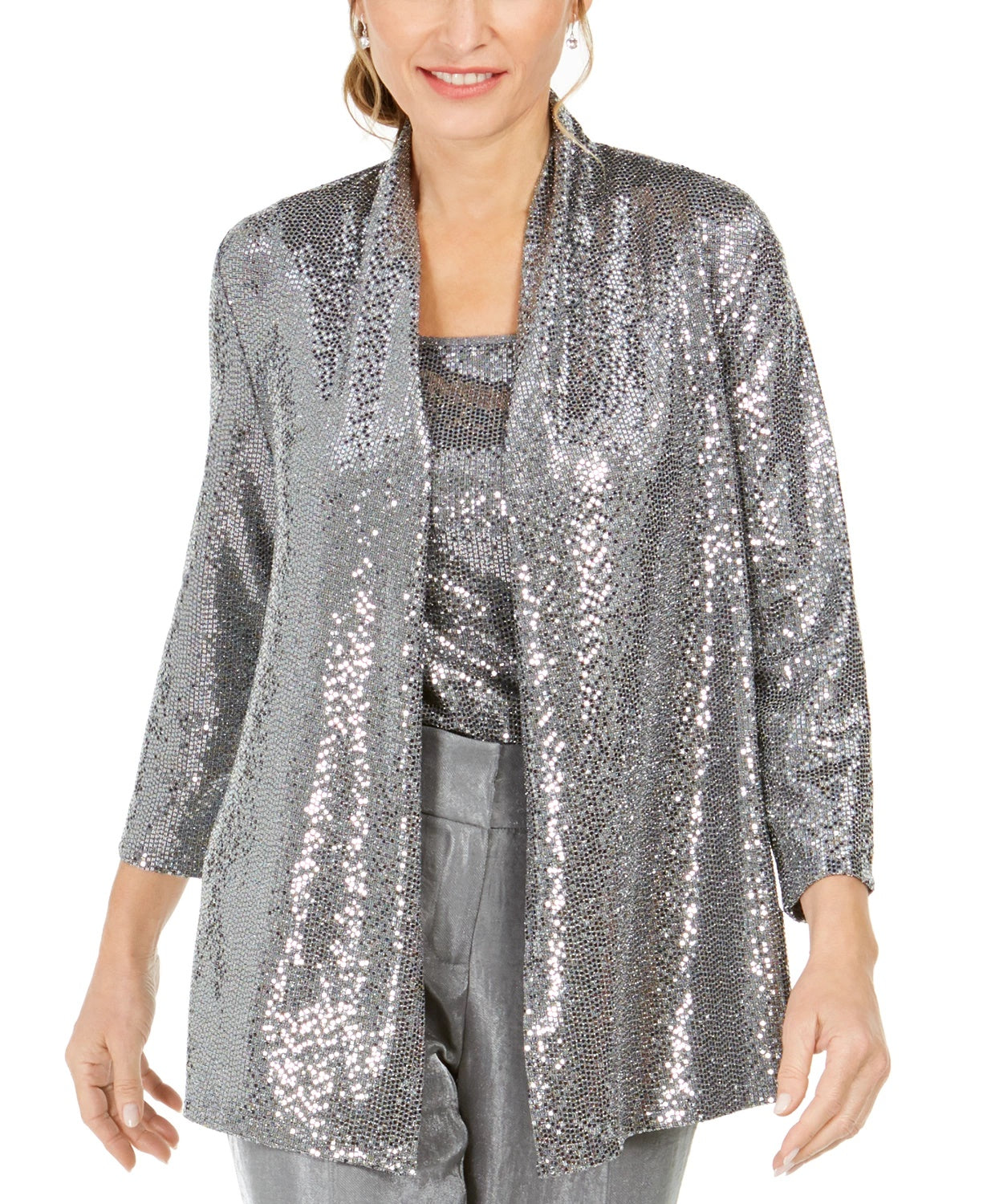 Kasper Women's Metallic Open-Front Jacket Silver Size Medium