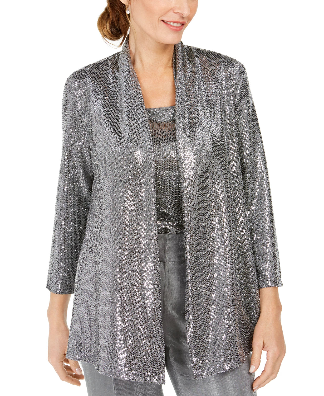 Kasper Women's Metallic Open-Front Jacket Silver Size Medium