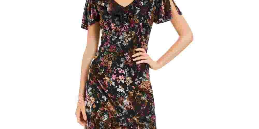 INC International Concepts Women's Floral Print Velvet Maxi Dress Black Size 6