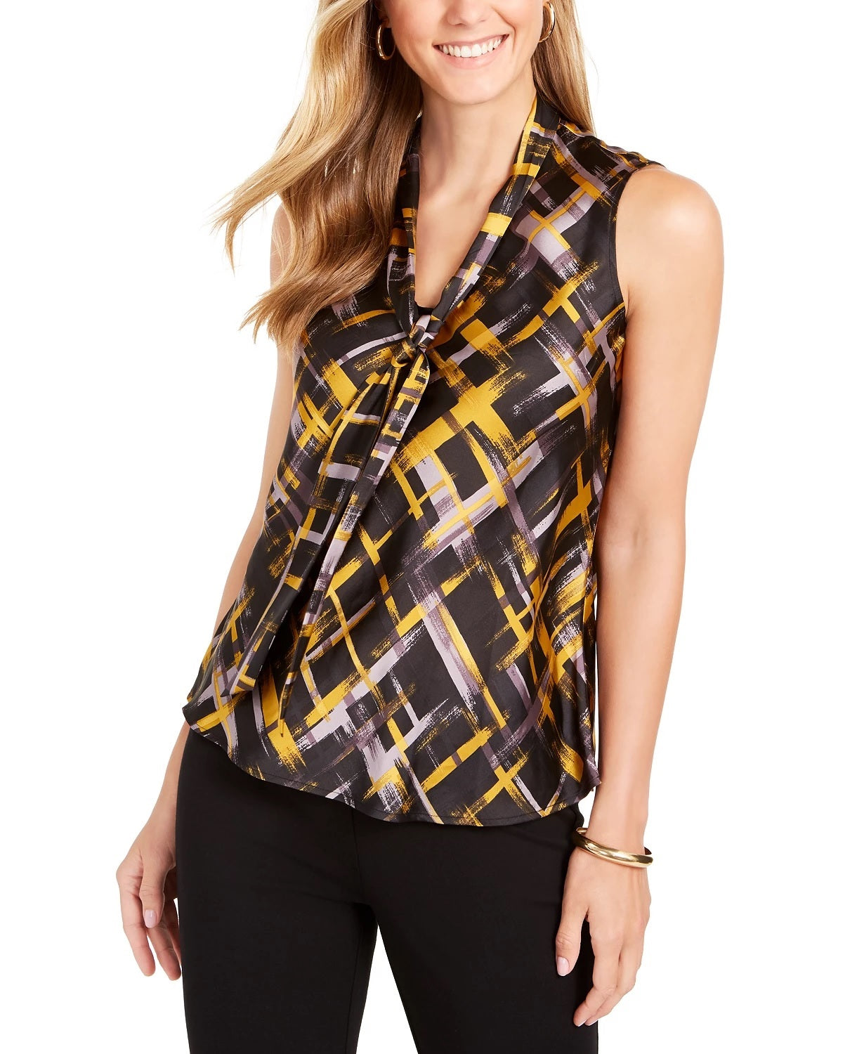 Kasper Women's Petite Printed Tie-Neck Top Yellow Small