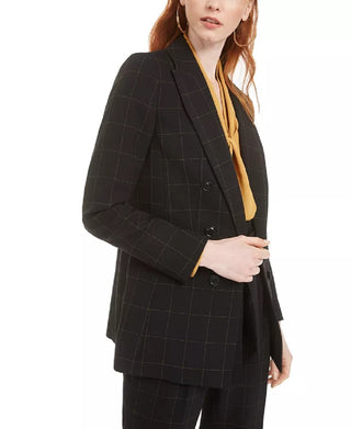 Bar III Women's Faux-Double-Breasted Windowpane-Print Jacket Black Size 4