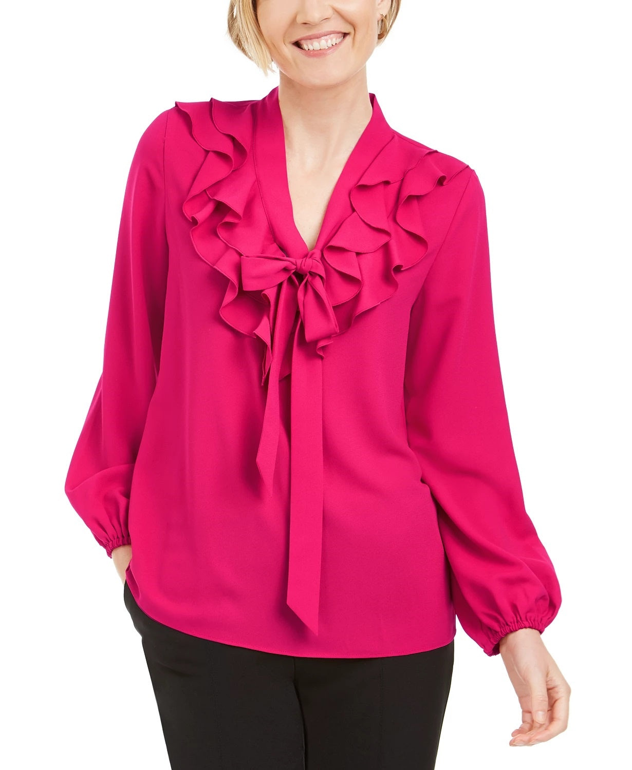 Kasper Women's Ruffled Long Sleeve Tie Neck Blouse Wear To Work Top Red Size Small