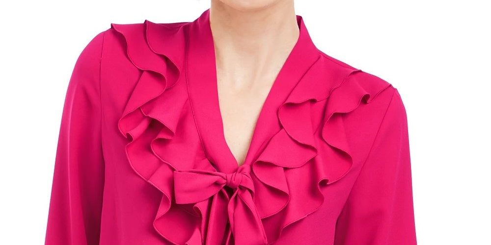 Kasper Women's Ruffled Long Sleeve Tie Neck Blouse Wear To Work Top Red Size Small