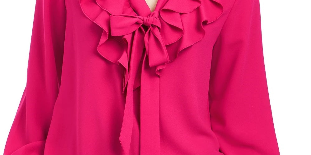 Kasper Women's Ruffled Long Sleeve Tie Neck Blouse Wear To Work Top Red Size Small