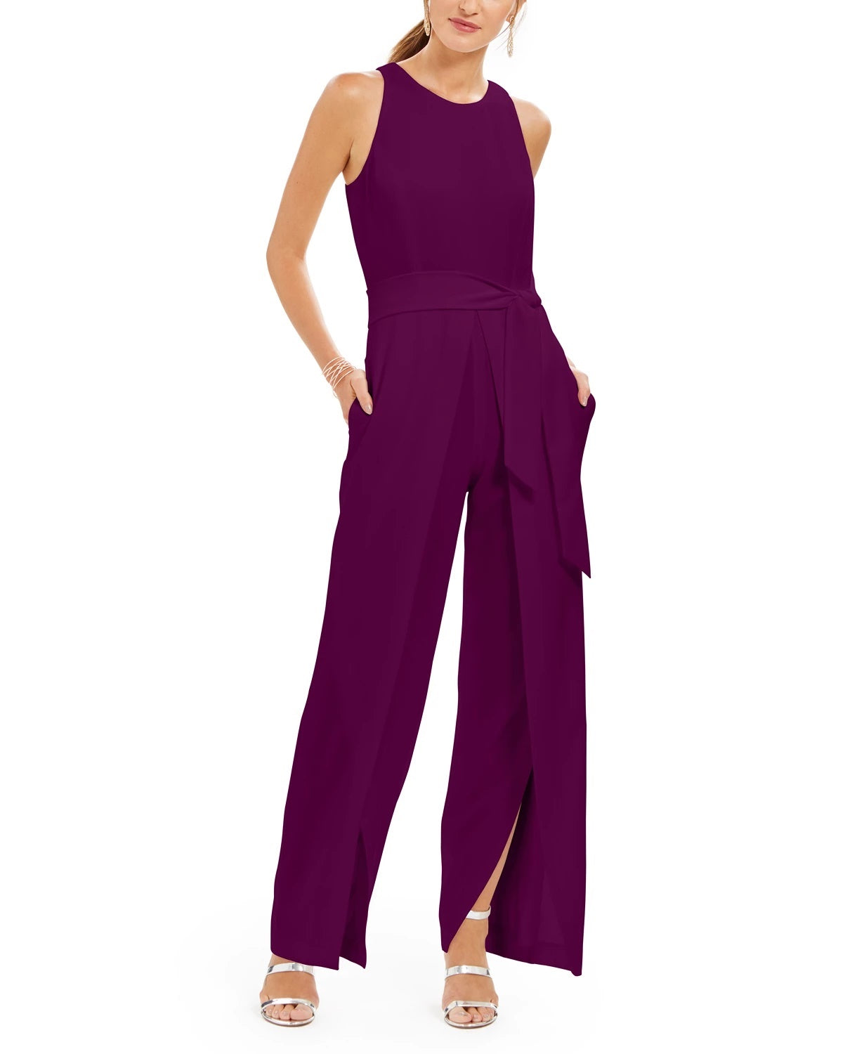 INC International Concepts Women's Belted Flyaway-Leg Jumpsuit Wine Size 2