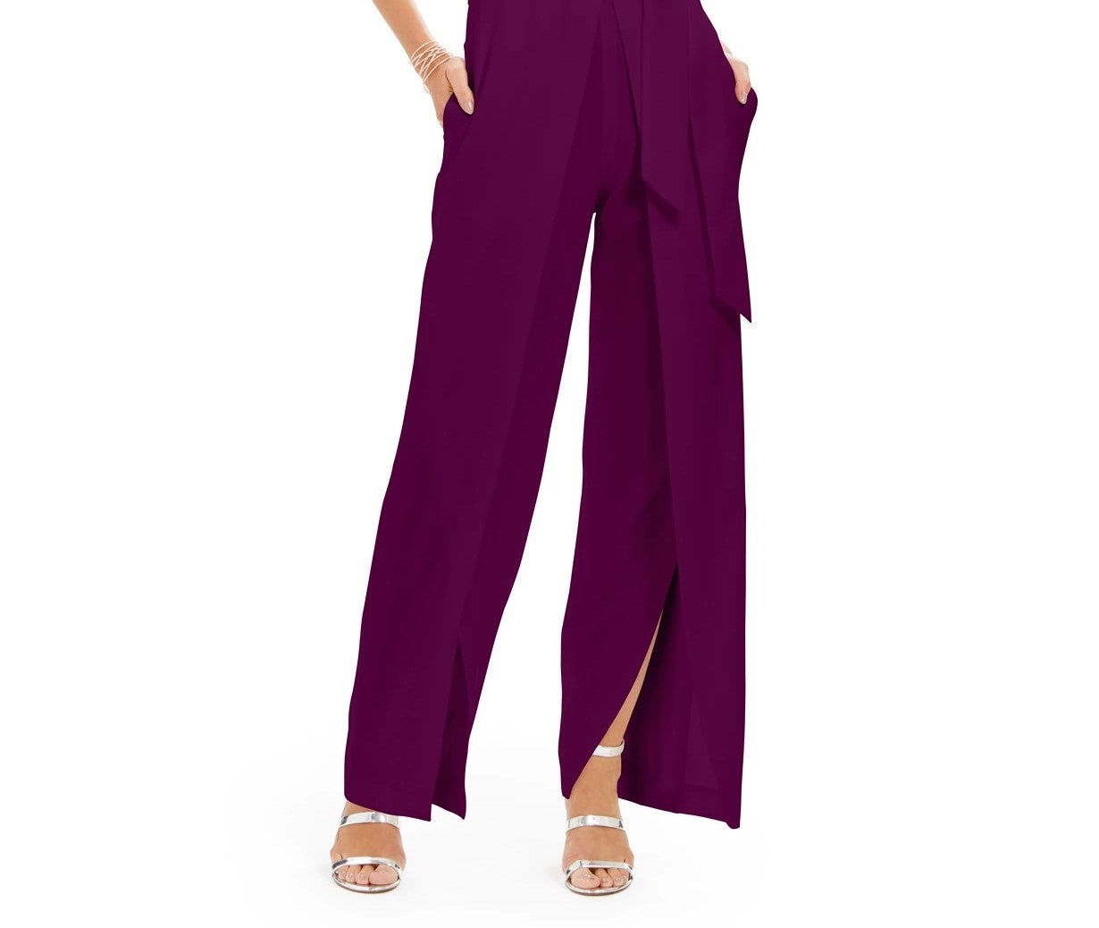 INC International Concepts Women's Belted Flyaway-Leg Jumpsuit Wine Size 2