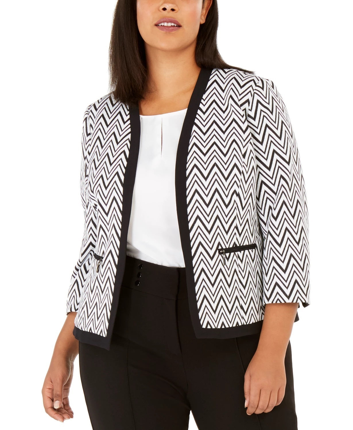 Kasper Women's Zippered Pocketed Chevron Wear To Work Jacket Charcoal Size 14 W