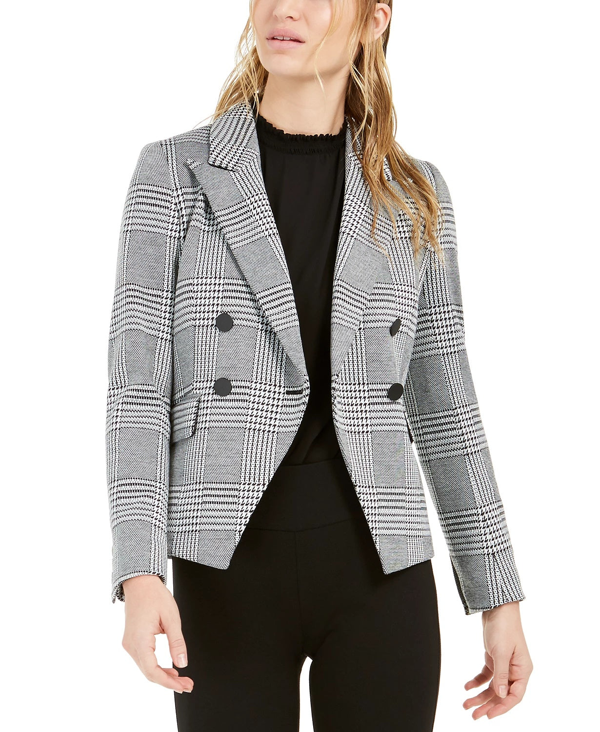 Bar III Women's Houndstooth-Print Double-Breasted Jacket Black Size 0
