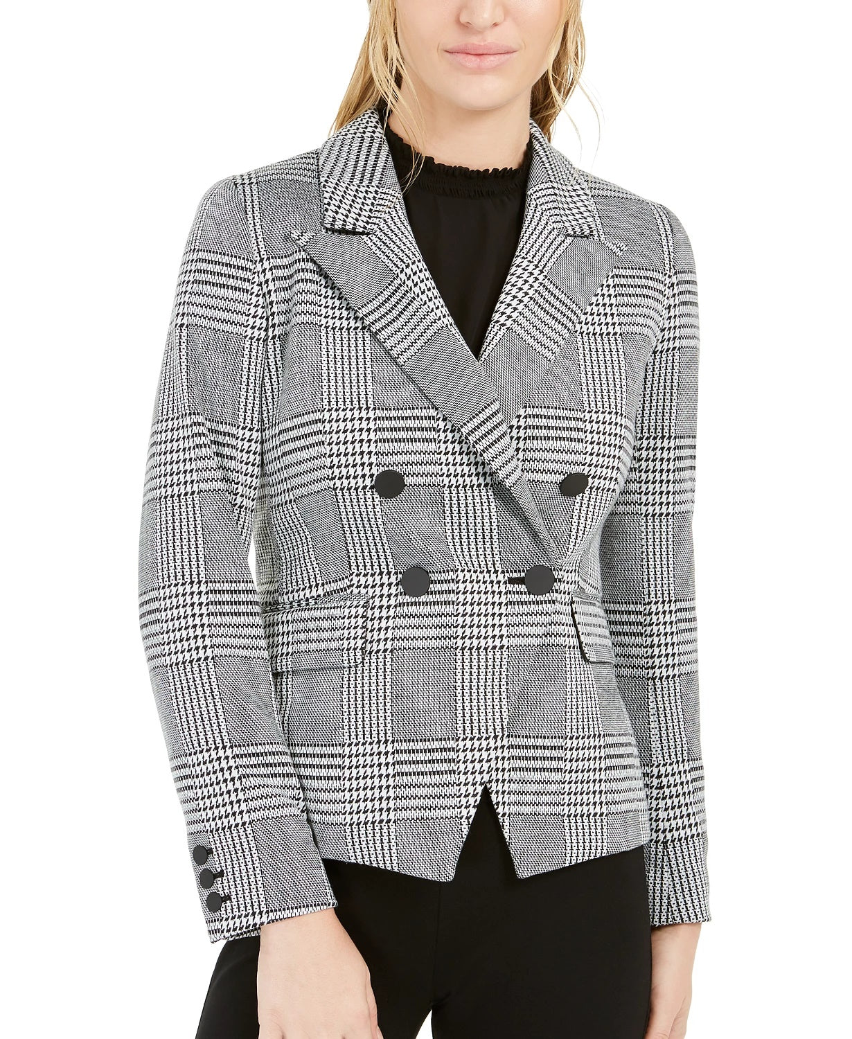 Bar III Women's Houndstooth-Print Double-Breasted Jacket Black Size 4