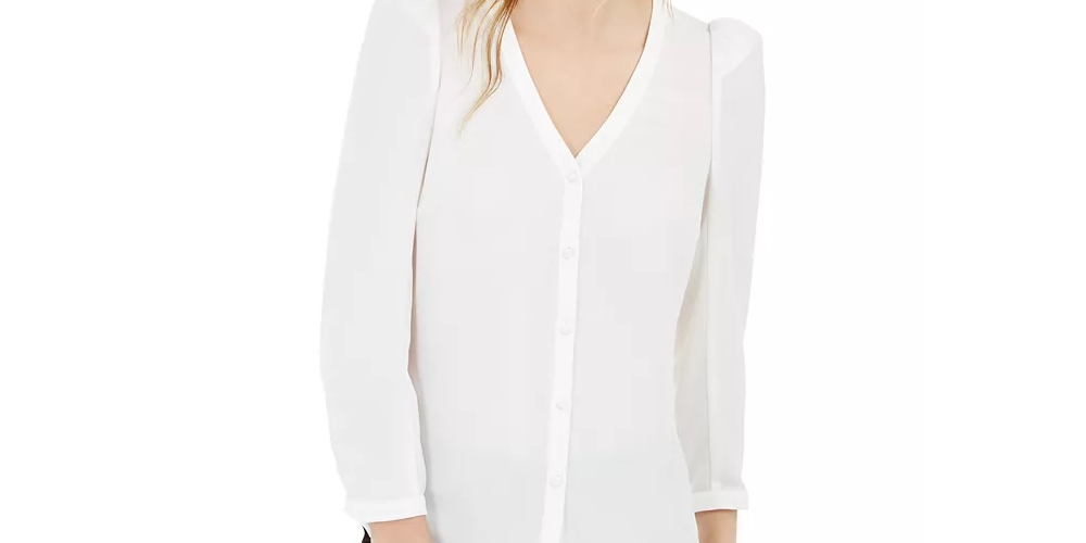 Bar III Women's Puff Sleeve Button Up Blouse White Size Small