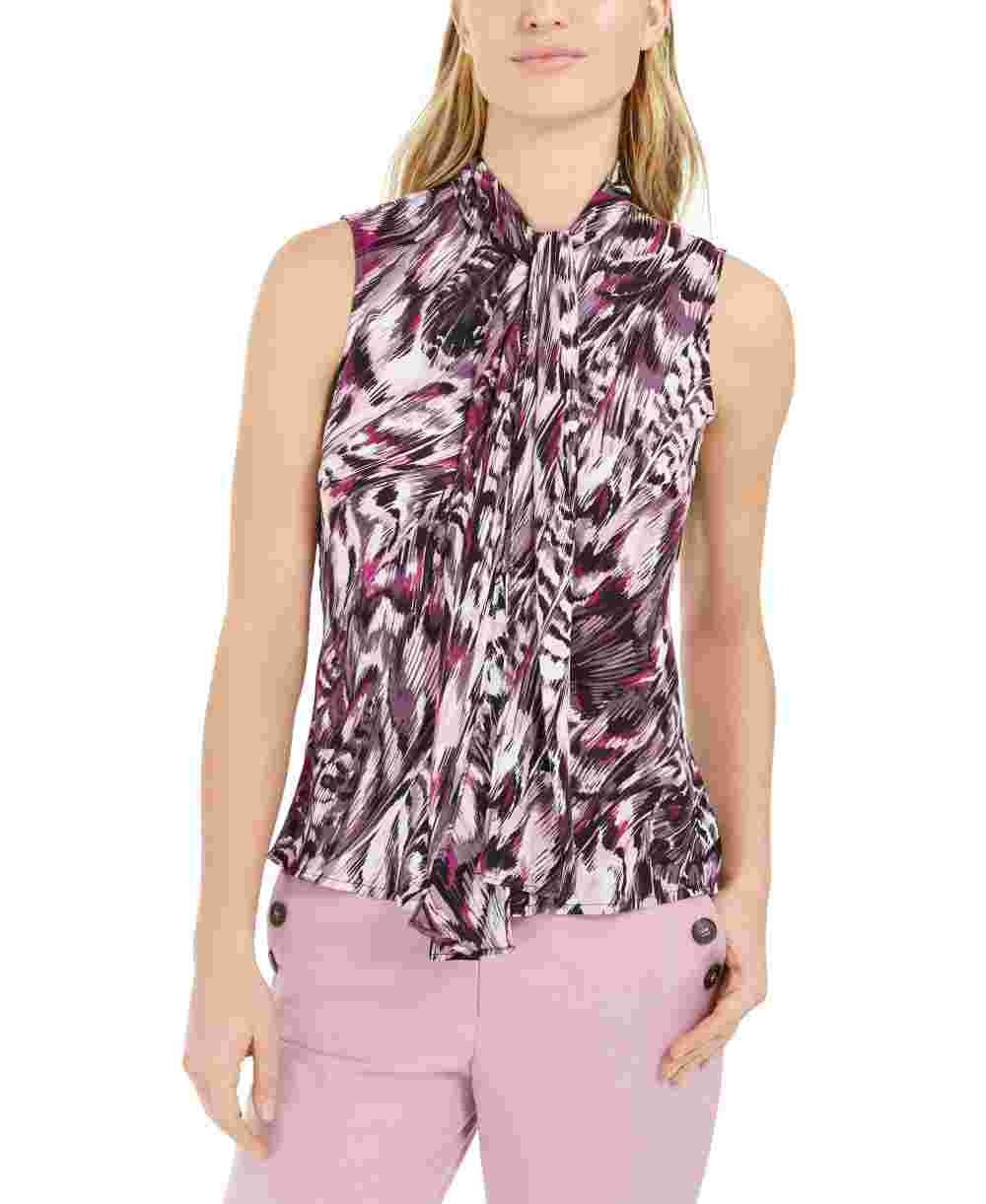 Bar III Women’s Printed Tie-Neck Top (S Begonia Multi) Bright Pink Size Small