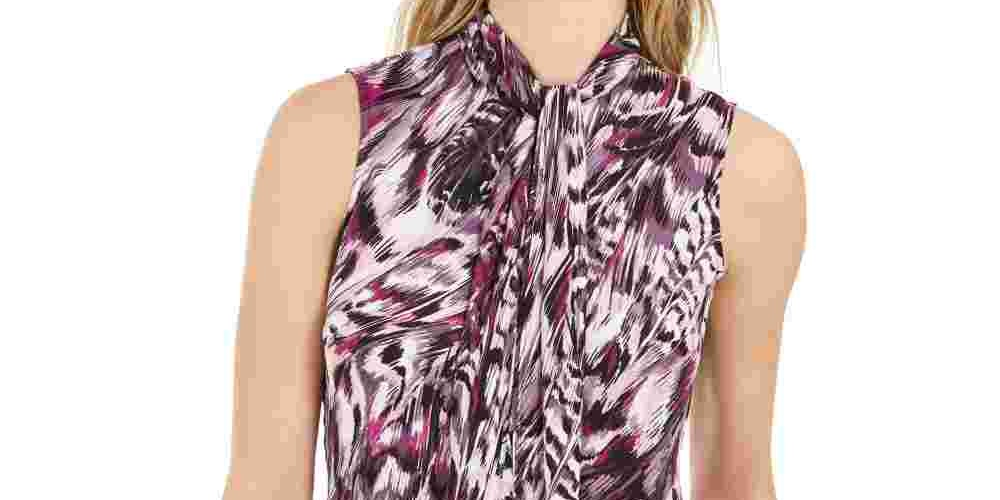 Bar III Women’s Printed Tie-Neck Top (S Begonia Multi) Bright Pink Size Small