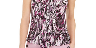 Bar III Women's Printed Tie-Neck Top Bright Pink Size XX-Small