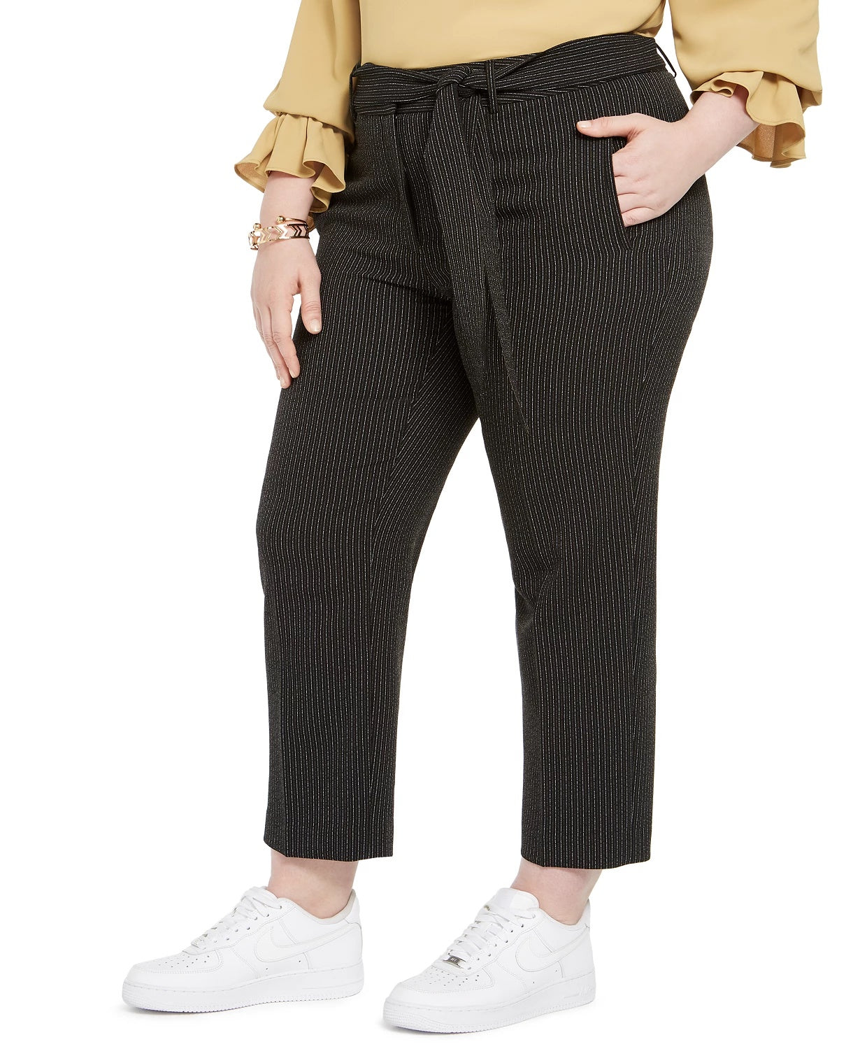 Bar III Women's Belted Striped Straight Leg Pants Charcoal Size 14W