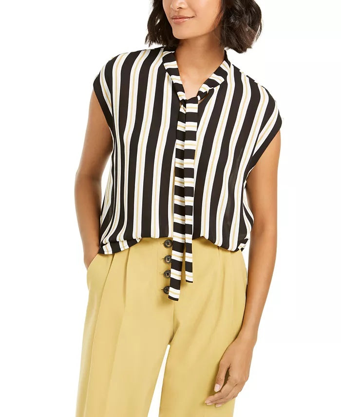 Bar III Women's Striped Tie Neck Blouse Black Size Medium