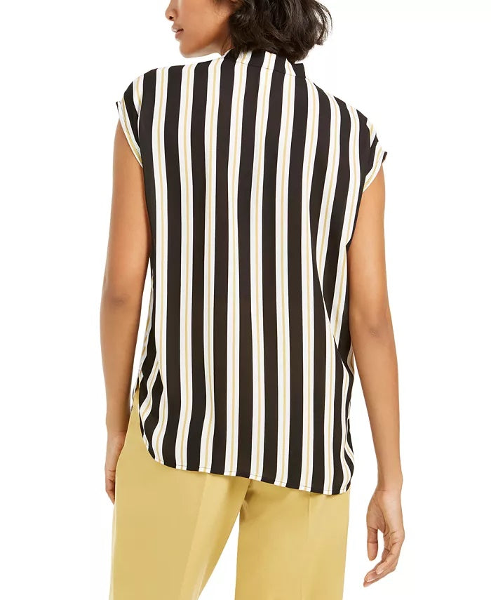 Bar III Women's Striped Tie Neck Blouse Black Size Medium