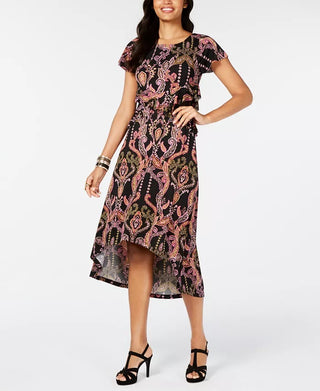 Thalia Sodi Women's Printed Cutout Waist High Low Hem Dress Black Size X-Large