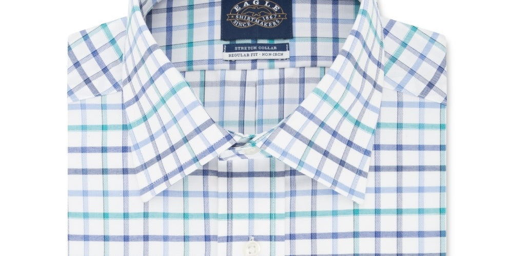 Eagle Men's Windowpane Plaid Collared Classic Fit Stretch Dress Shirt Blue Size 17.1/2X34-35