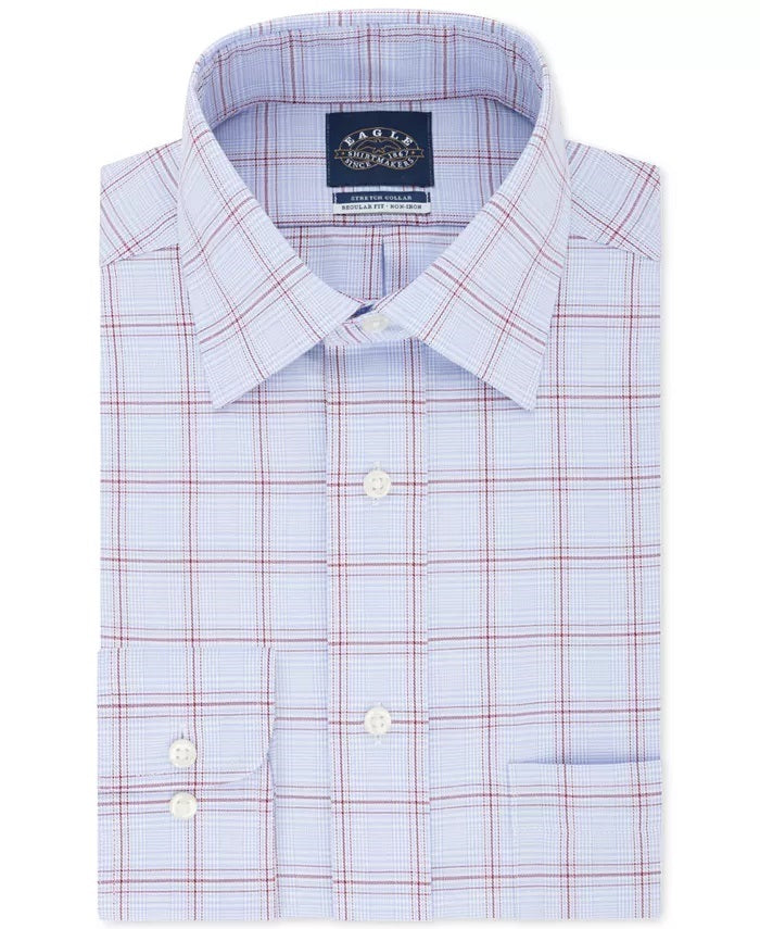 Eagle Men's Classic Regular Fit Non Iron Stretch Collar Check Dress Shirt Blue Size 15.5X34-35